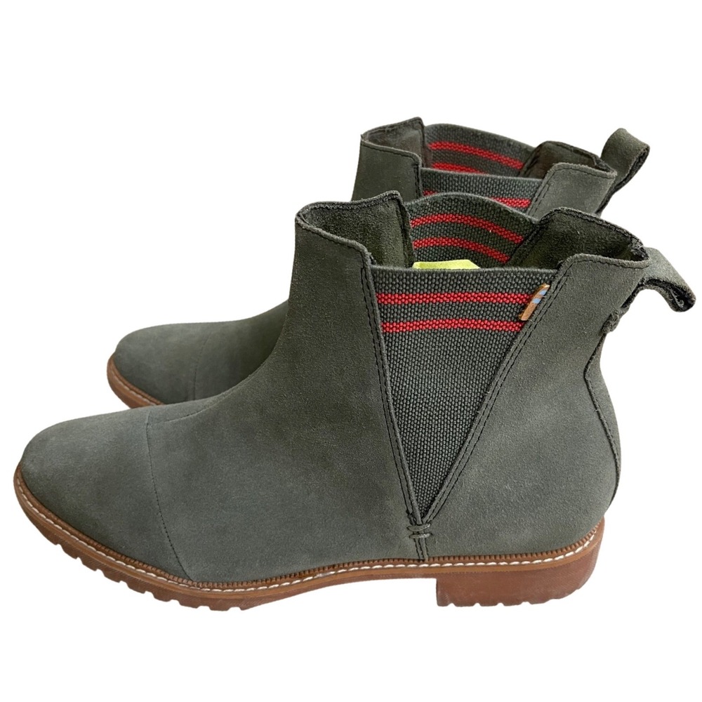 TOMS dakotah Olive Green Suede Ankle Boots Red Stripe Chelsea Lug Sole Womens 11